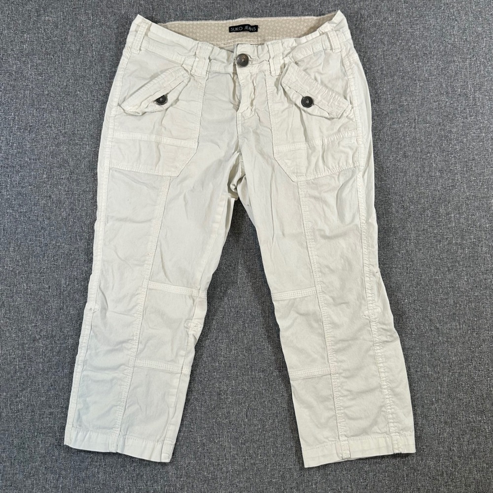 Suko Jeans Womens Cargo Capri Pants Size 4 Cream White Utility Crop Stretch Y2K
